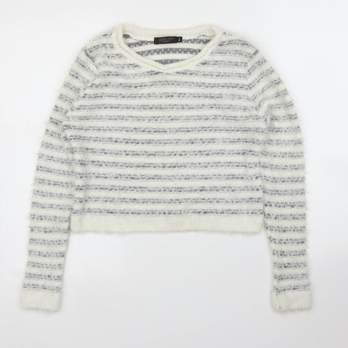 Pout Womens White Striped  Pullover Jumper Size M