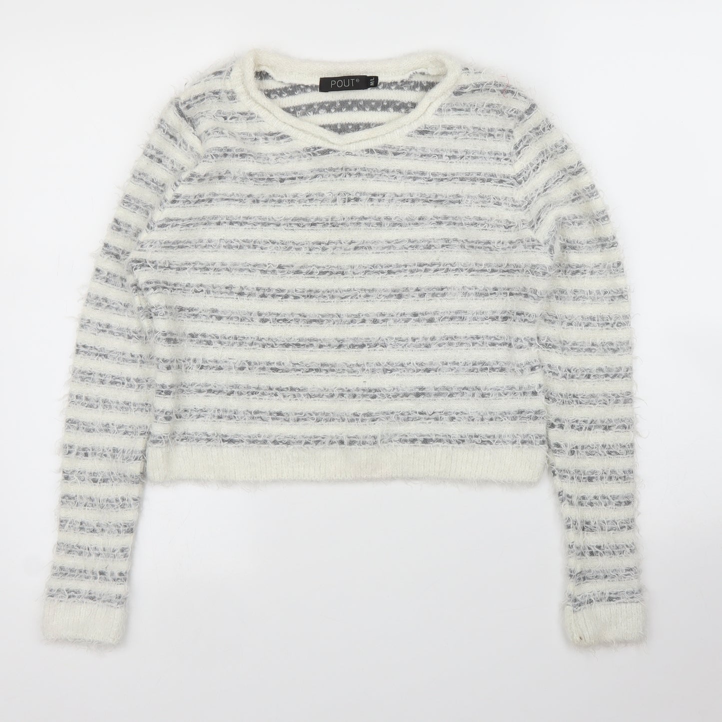 Pout Womens White Striped  Pullover Jumper Size M