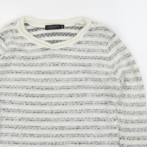 Pout Womens White Striped  Pullover Jumper Size M