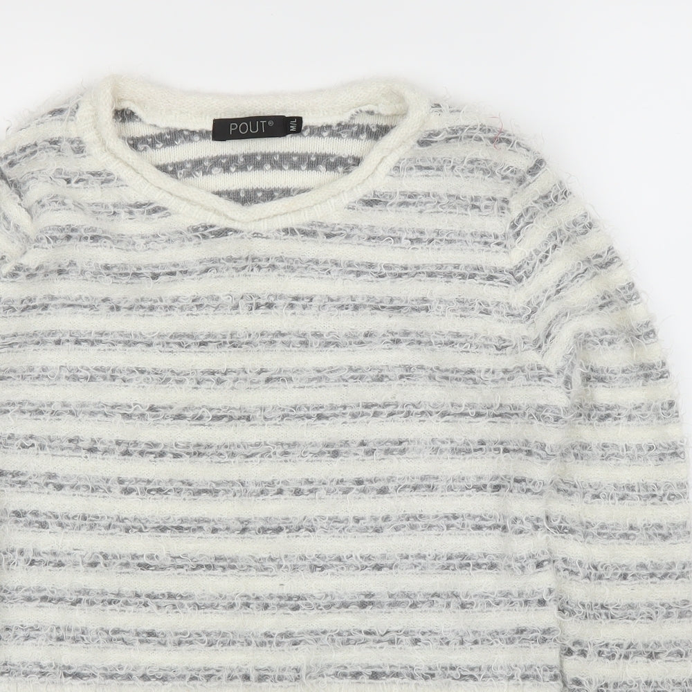 Pout Womens White Striped  Pullover Jumper Size M