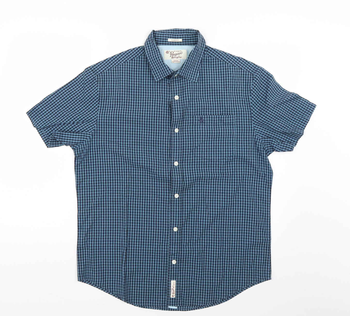 Penguin Mens Blue Check   Dress Shirt Size M