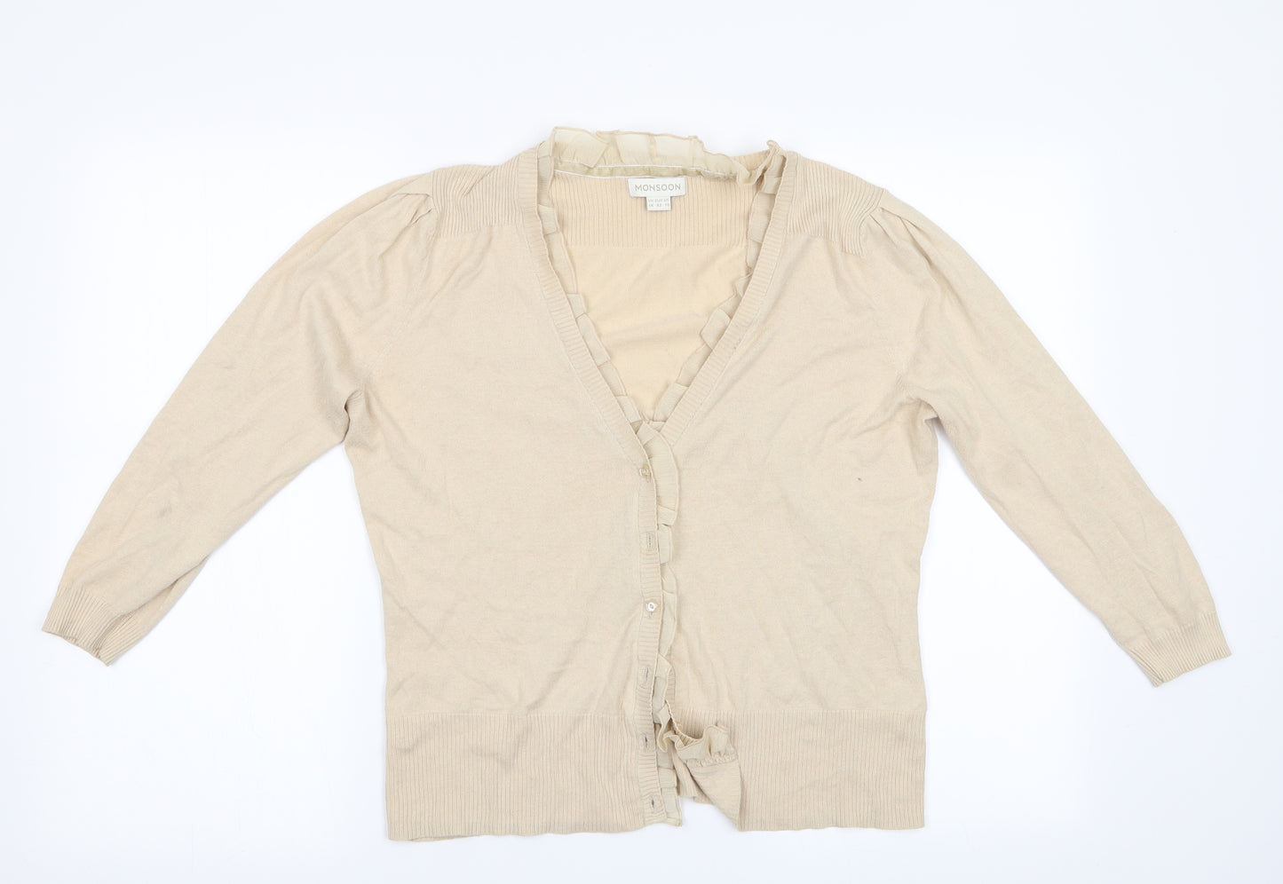 Monsoon Womens Beige   Cardigan Jumper Size 14  - Frilled Neck and button line