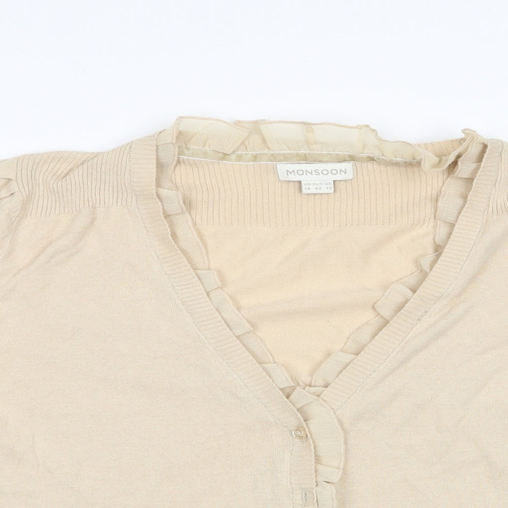 Monsoon Womens Beige   Cardigan Jumper Size 14  - Frilled Neck and button line