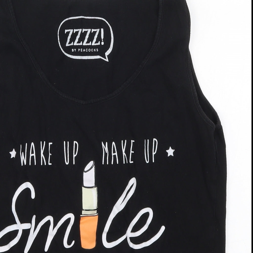 Peacocks Womens Black Solid  Top Pyjama Top Size 14  - Wake Up Make Up Smile