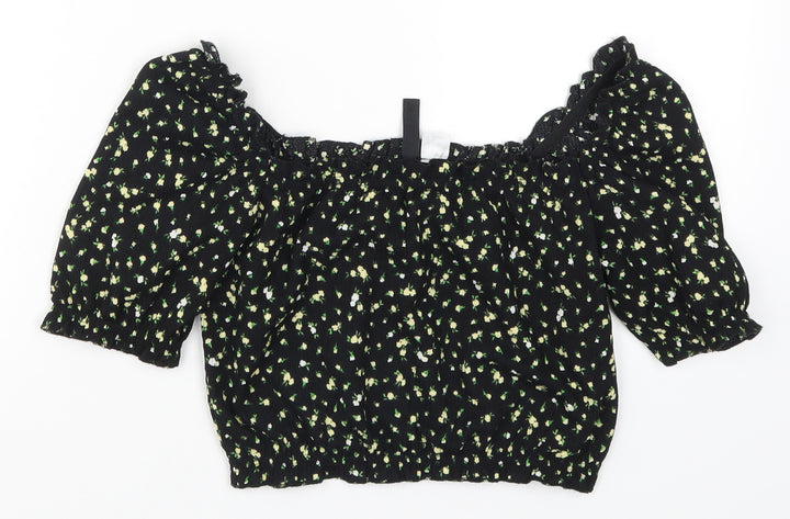 H&M Womens Black Floral  Cropped T-Shirt Size XS