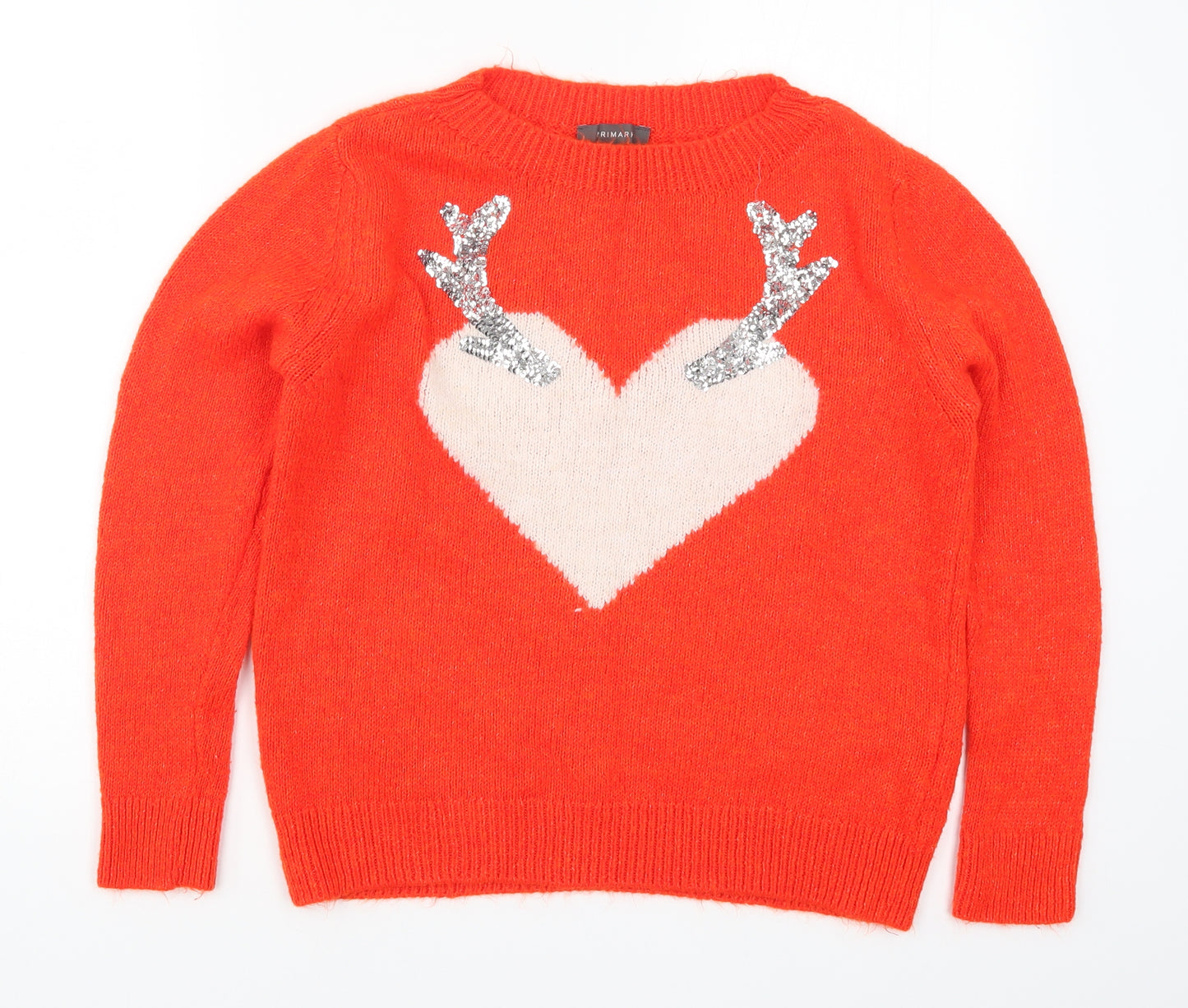 Primark Womens Red  Knit Pullover Jumper Size 10  - Heart Antlers