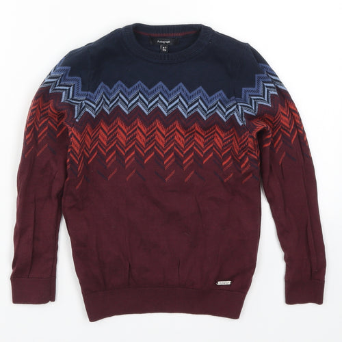 Marks and Spencer Boys Red Fair Isle Knit Pullover Jumper Size 6 Years  - Blue Zig Zag