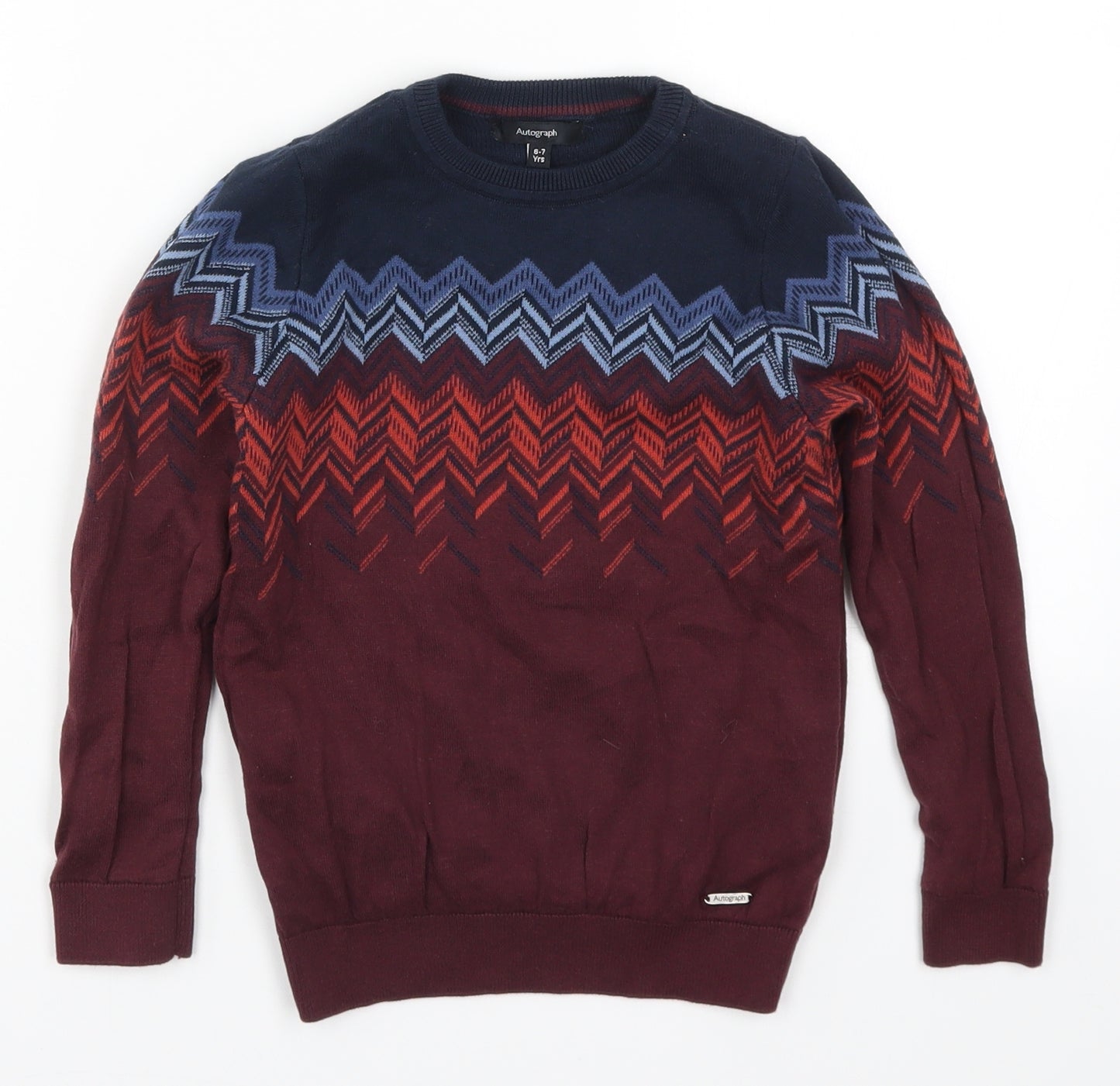 Marks and Spencer Boys Red Fair Isle Knit Pullover Jumper Size 6 Years  - Blue Zig Zag