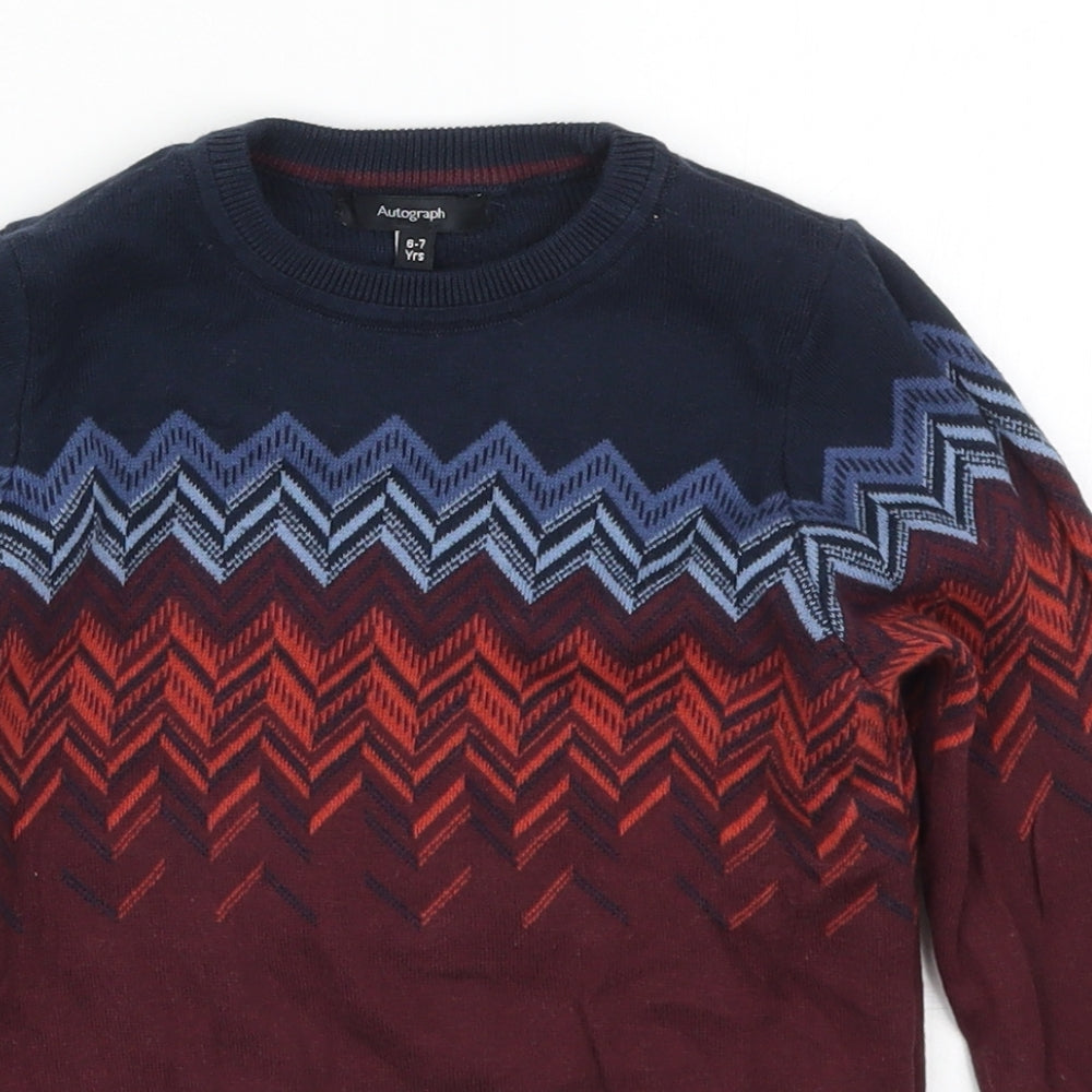 Marks and Spencer Boys Red Fair Isle Knit Pullover Jumper Size 6 Years  - Blue Zig Zag