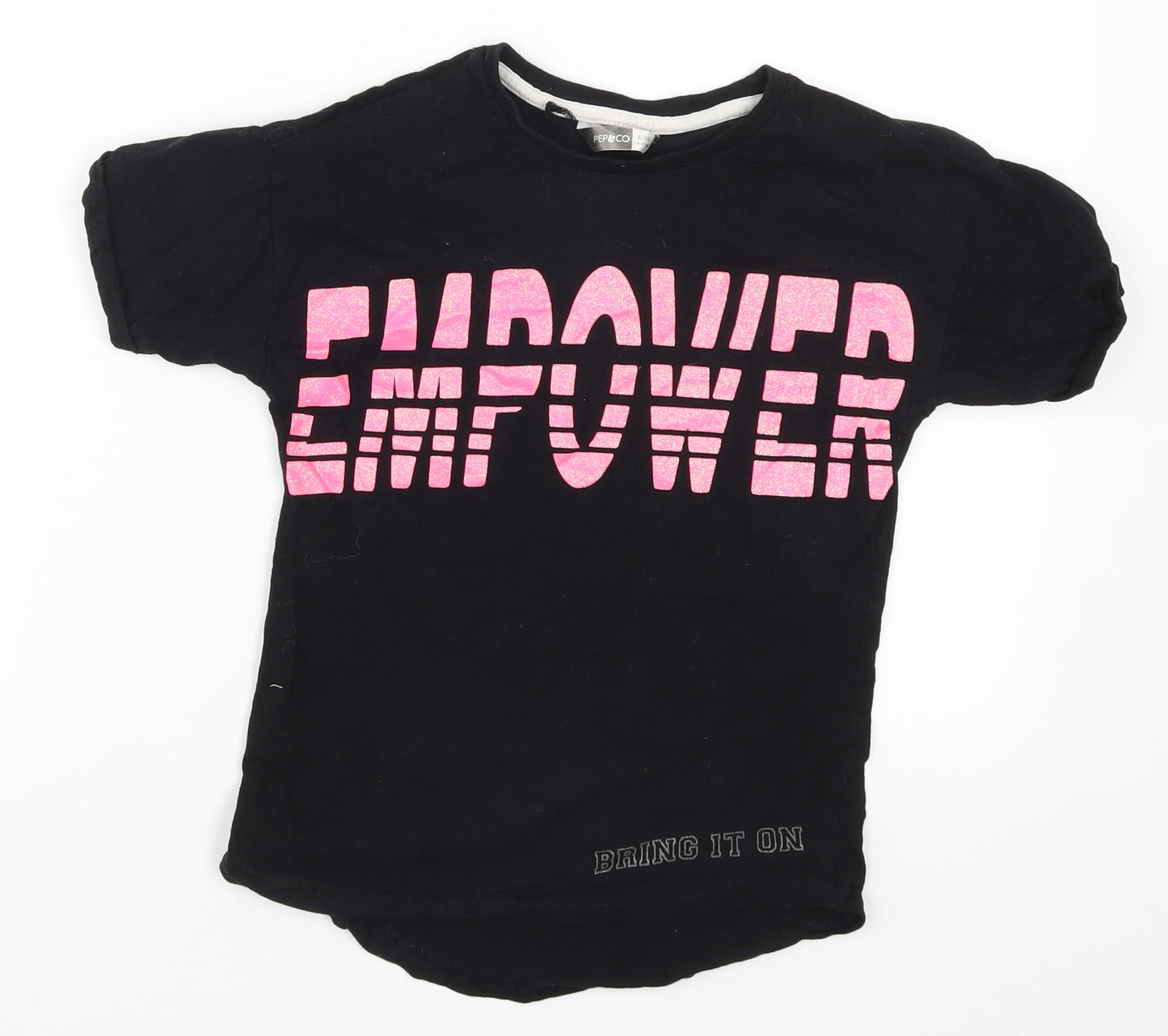 Pep&Co Girls Black   Basic T-Shirt Size 9-10 Years  - Empower Bring it On
