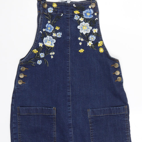 Red Herring Womens Blue Floral Denim Pinafore/Dungaree Dress  Size 10