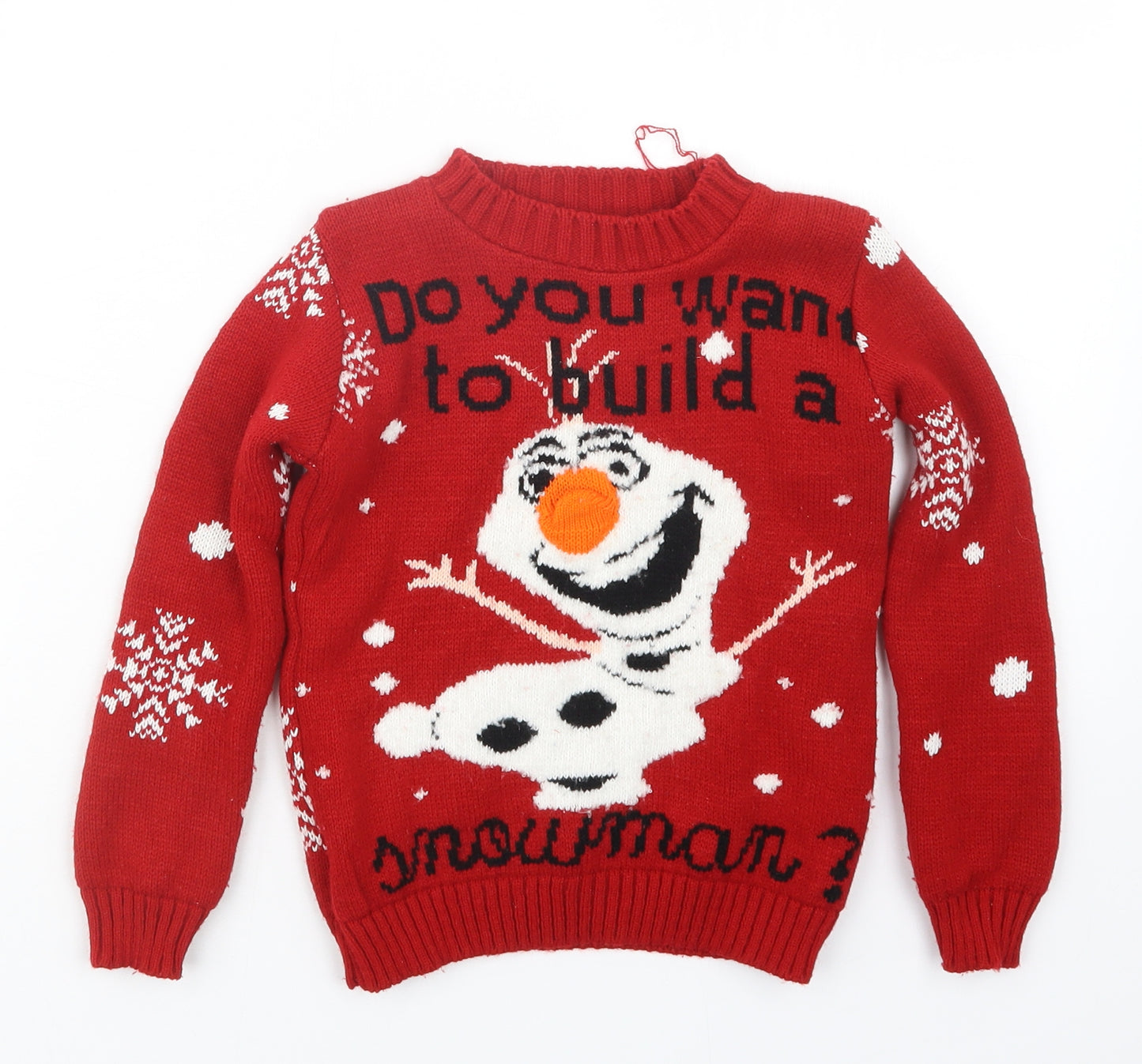 Preworn Girls Red  Knit Pullover Jumper Size 3-4 Years  - Olaf