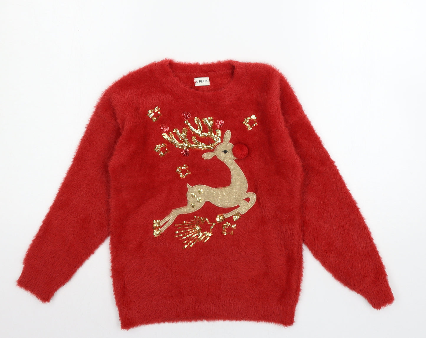 F&F Girls Red  Knit Pullover Jumper Size 7-8 Years  - Rudolph