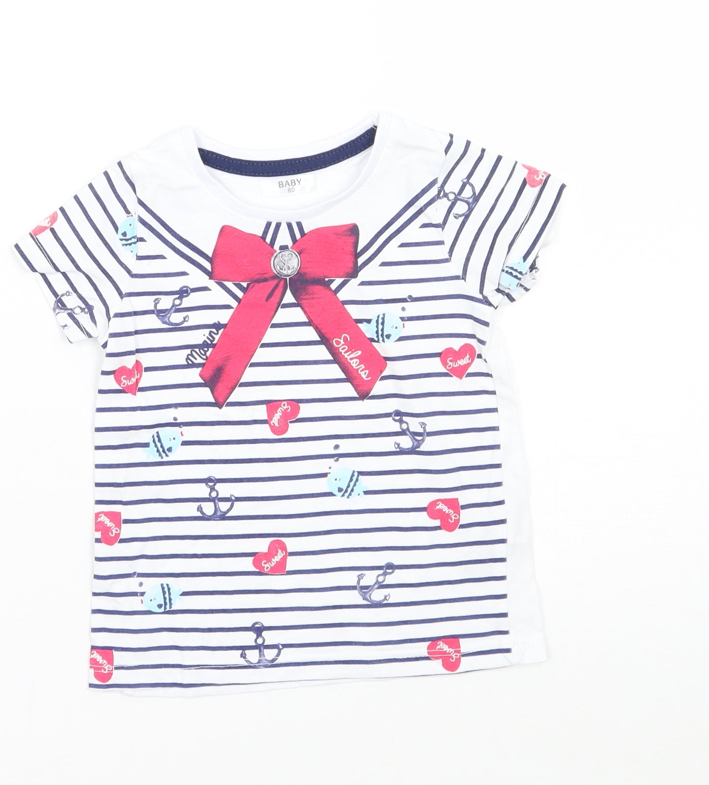 Baby Girls White Striped  Basic T-Shirt Size 12 Months