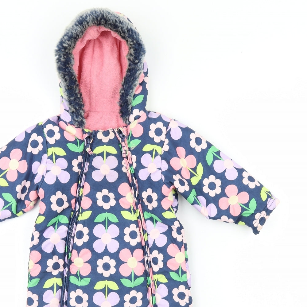 M&S Girls Blue Floral  Coverall One-Piece Size 6-9 Months