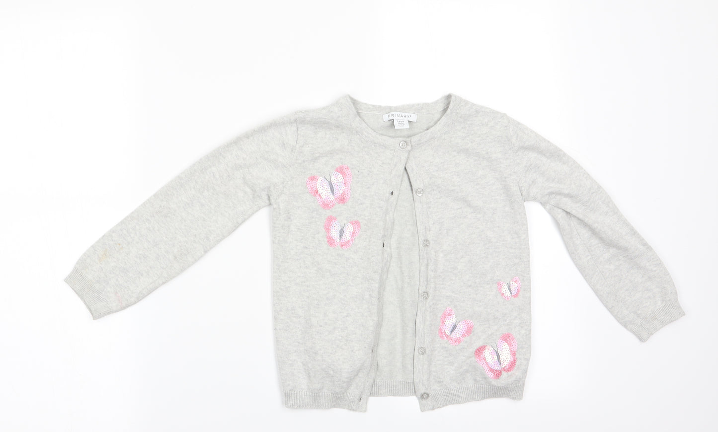 Primark Girls Grey Animal Print  Cardigan Jumper Size 5-6 Years  - Butterflies