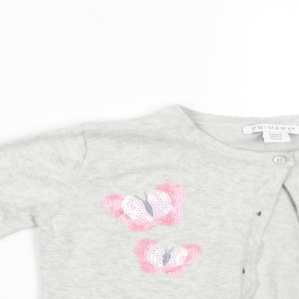 Primark Girls Grey Animal Print  Cardigan Jumper Size 5-6 Years  - Butterflies
