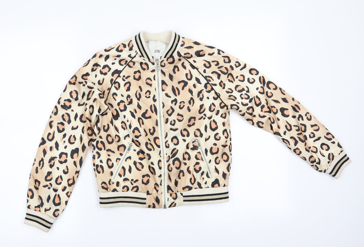 River Island Girls Orange Animal Print  Bomber Jacket Coat Size 9-10 Years  - Glitter effect ribbing