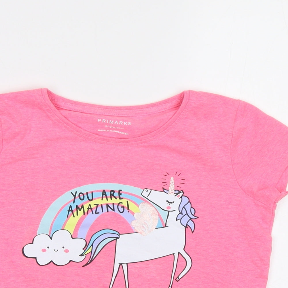 Primark Girls Pink   Basic T-Shirt Size 6-7 Years  - Unicorn