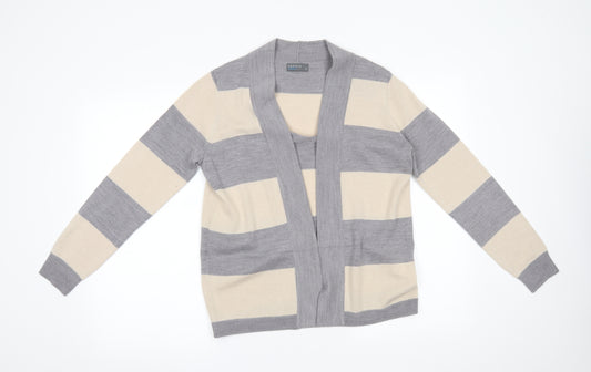 Front view of Papaya women’s beige striped cardigan jumper, size UK 12