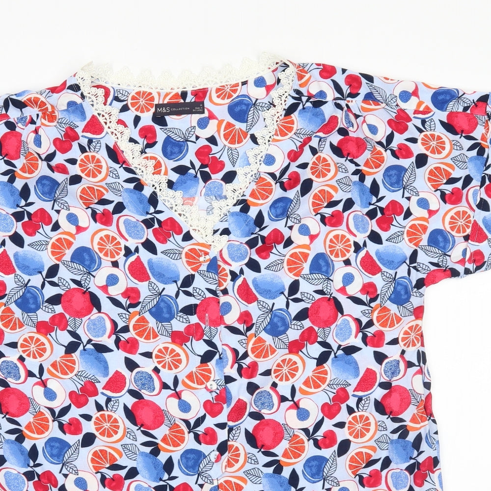 M&S Womens Blue Floral  Basic Blouse Size 12  - with ties