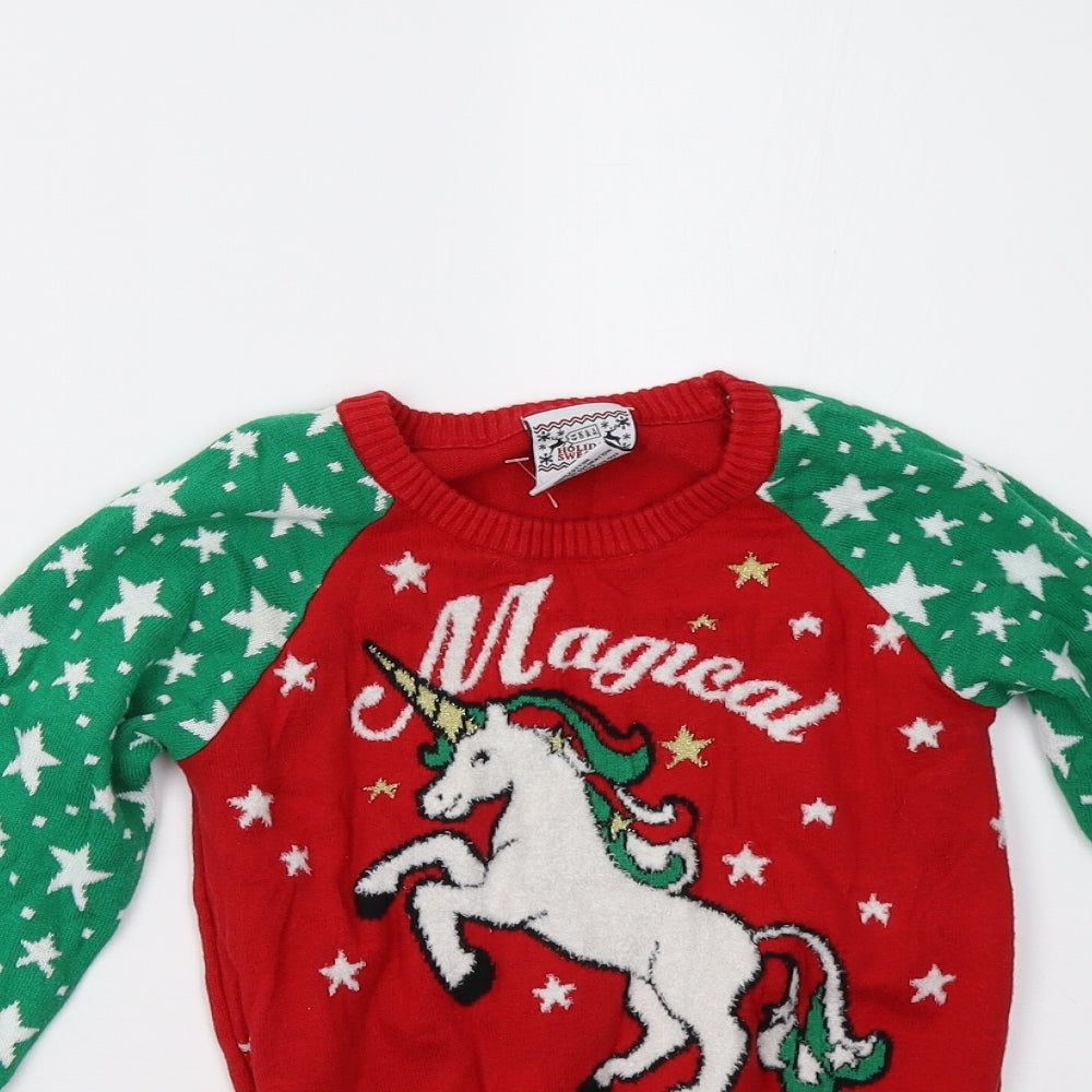 Well Worn Girls Red  Knit Pullover Jumper Size 4-5 Years  - Unicorn