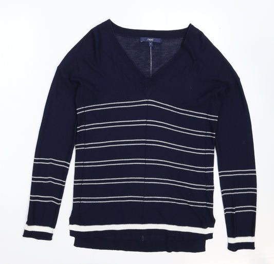 Front view of Next women’s blue striped knit jumper, size UK 10