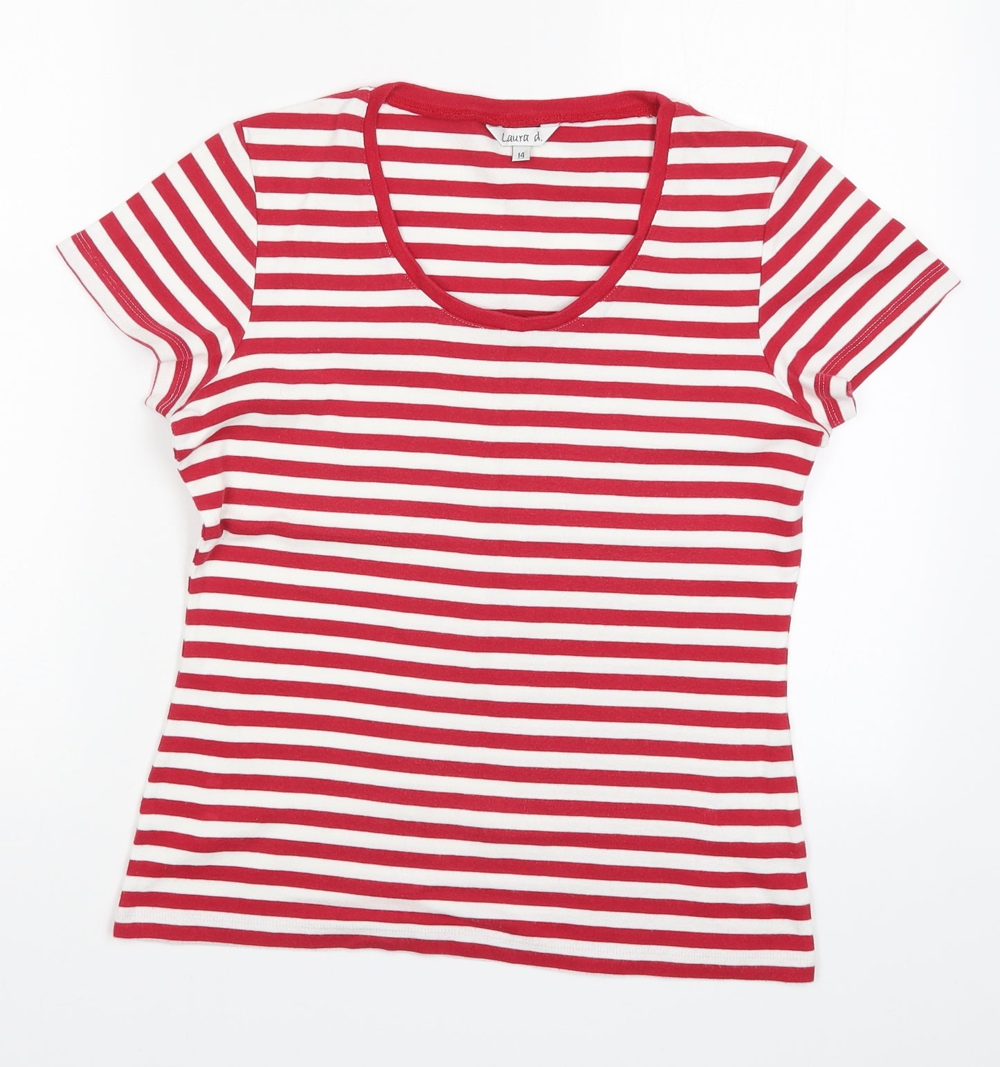Laura D Womens Red Striped  Basic T-Shirt Size 14