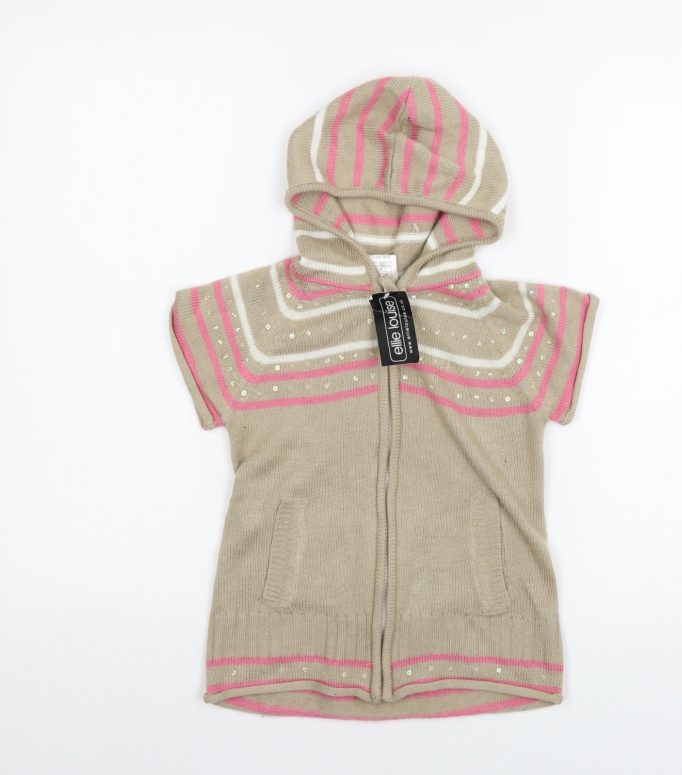 STREET ESSENTIAL Girls Beige Striped Knit Full Zip Hoodie Size 5-6 Years