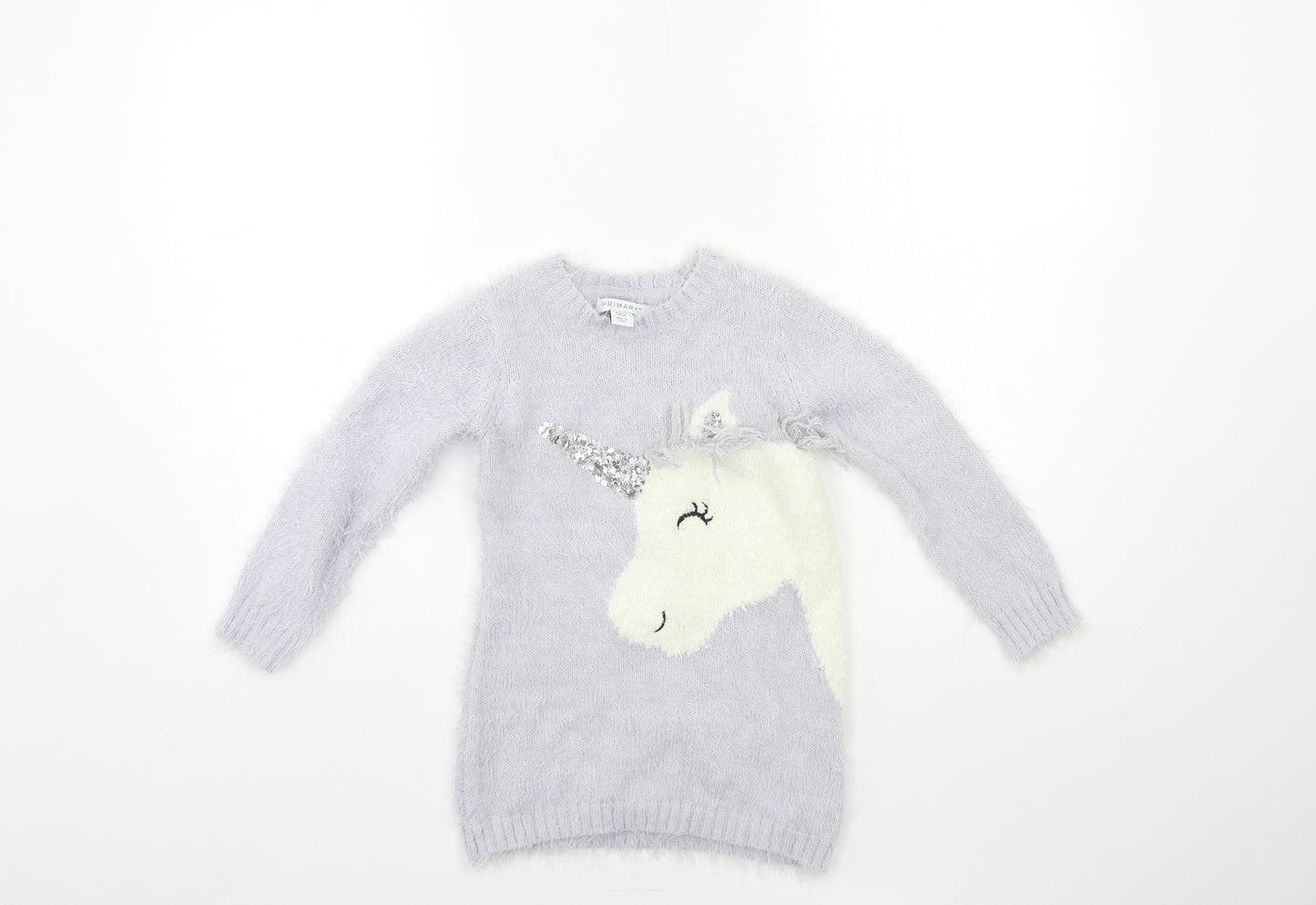 Primark Girls Grey  Knit Pullover Jumper Size 4-5 Years  - UNICORN
