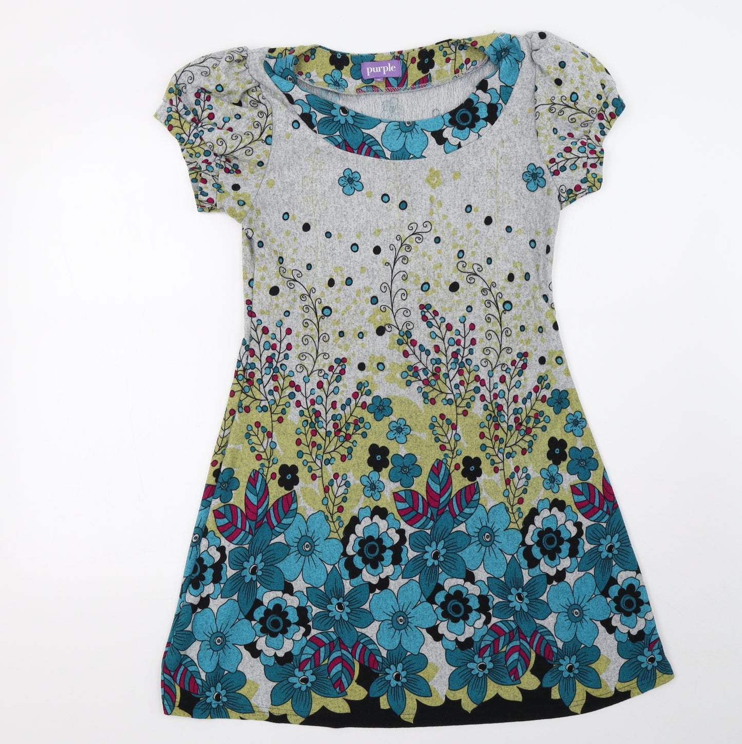 Purple Womens Grey Floral  A-Line  Size M
