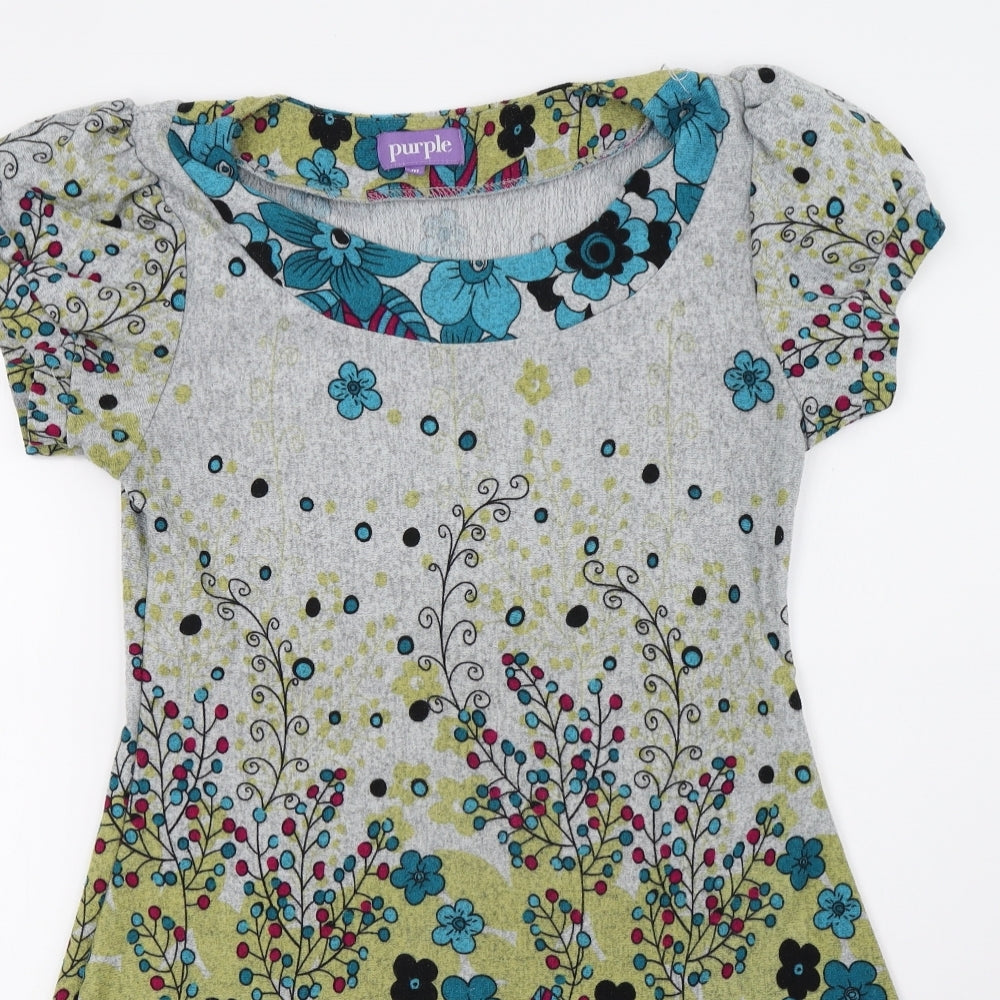Purple Womens Grey Floral  A-Line  Size M