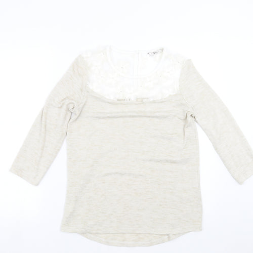 TU Womens Beige  Knit Pullover Jumper Size 8  - floral neck detail