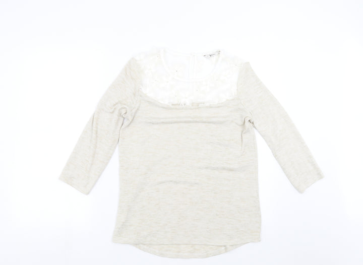 TU Womens Beige Knit Pullover Jumper Size 8 - floral neck detail