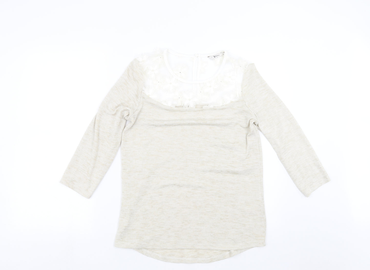 TU Womens Beige  Knit Pullover Jumper Size 8  - floral neck detail