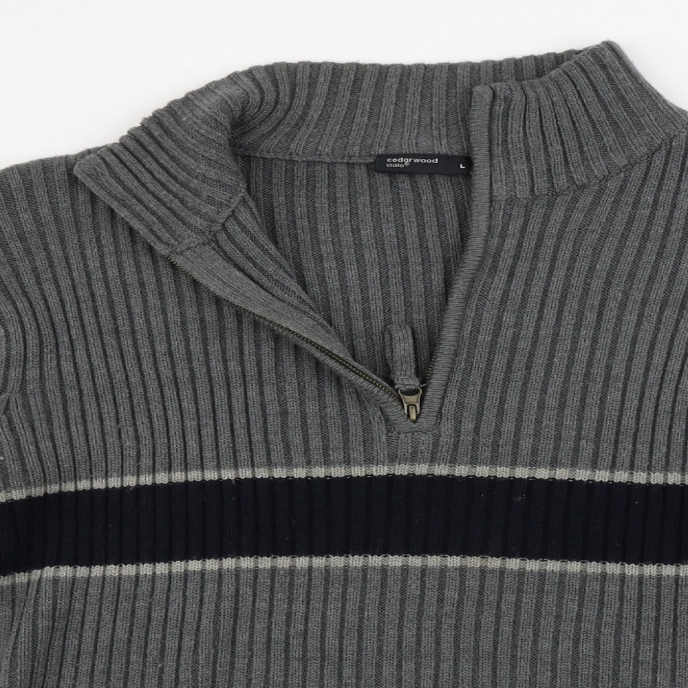 Cedar Wood State  Mens Grey Striped  Henley Jumper Size L