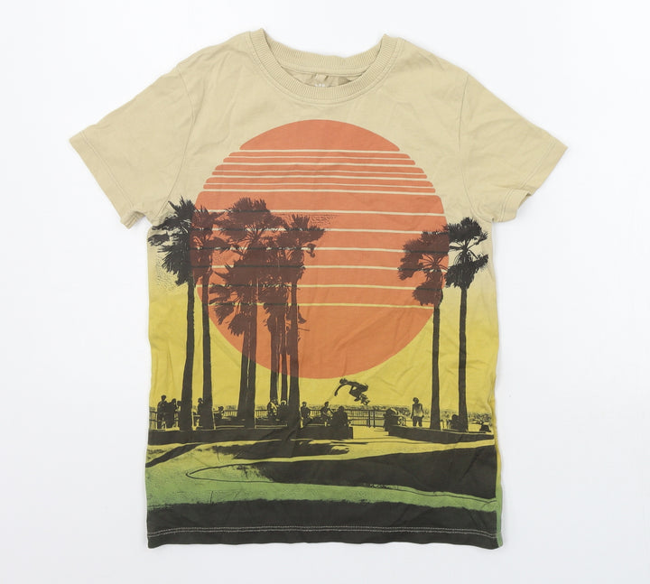 Marks and Spencer Girls Beige Geometric  Basic T-Shirt Size 7-8 Years  - palm trees