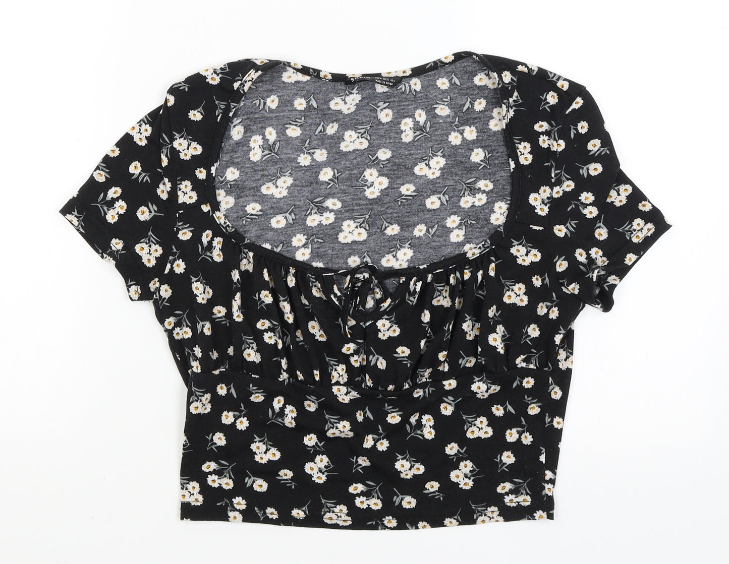SheIn Womens Black Floral  Cropped T-Shirt Size M