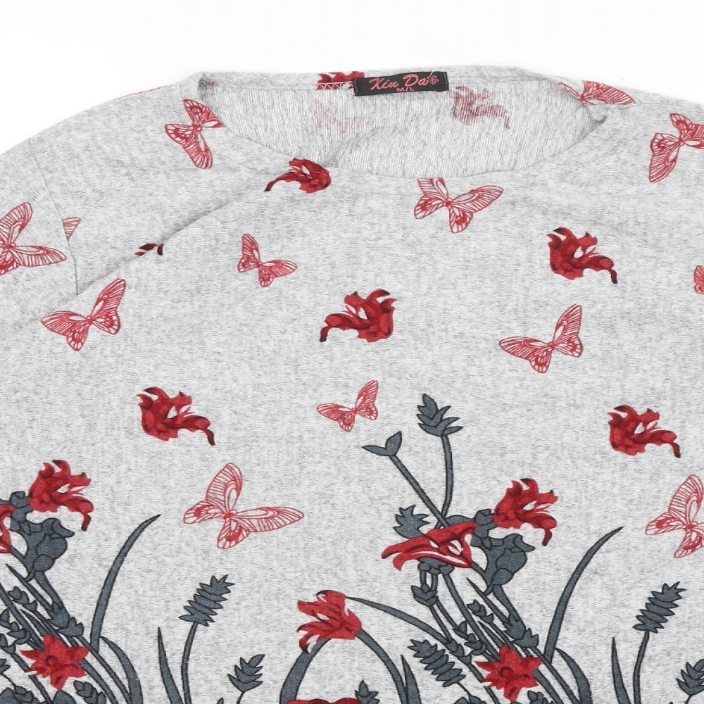Kin Da Womens Grey Floral  Pullover Jumper Size M