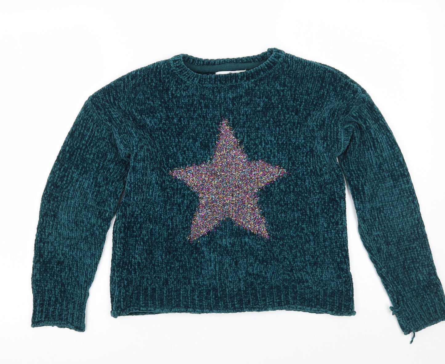 Marks and Spencer Girls Green Geometric  Pullover Jumper Size 10-11 Years