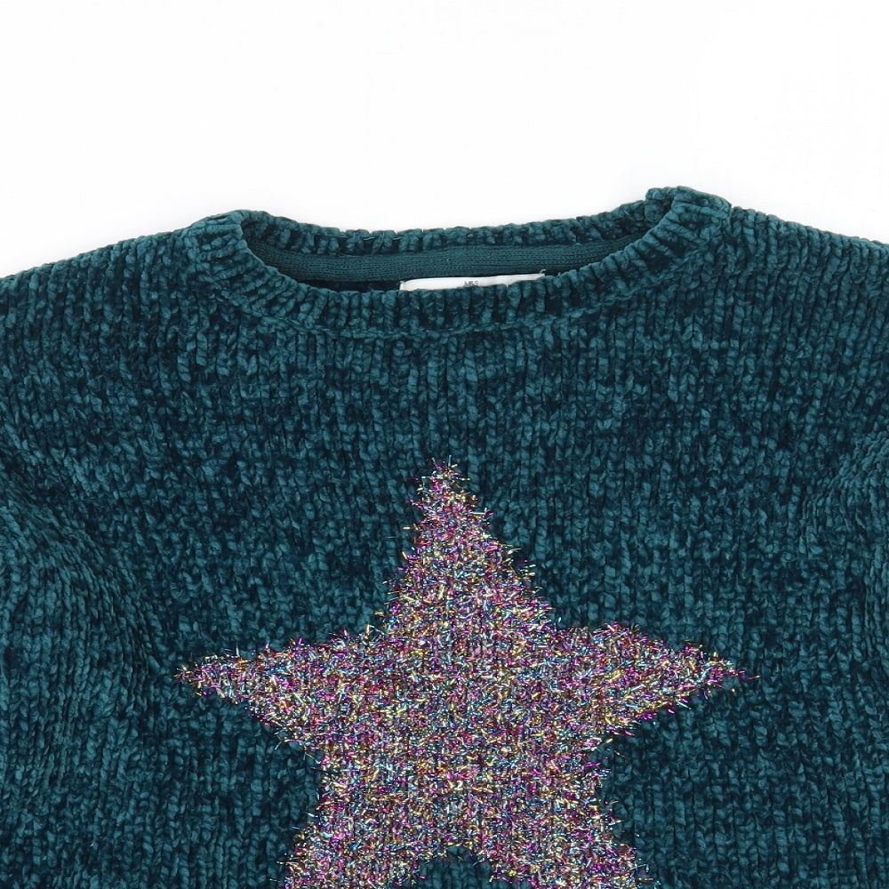 Marks and Spencer Girls Green Geometric  Pullover Jumper Size 10-11 Years