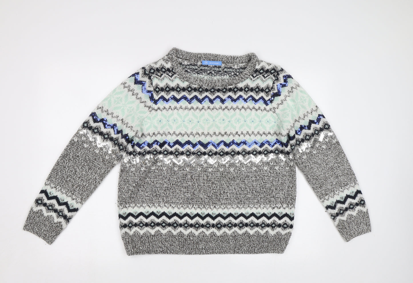 Avenue Womens Grey Fair Isle  Pullover Jumper Size 14  - Sequin detail