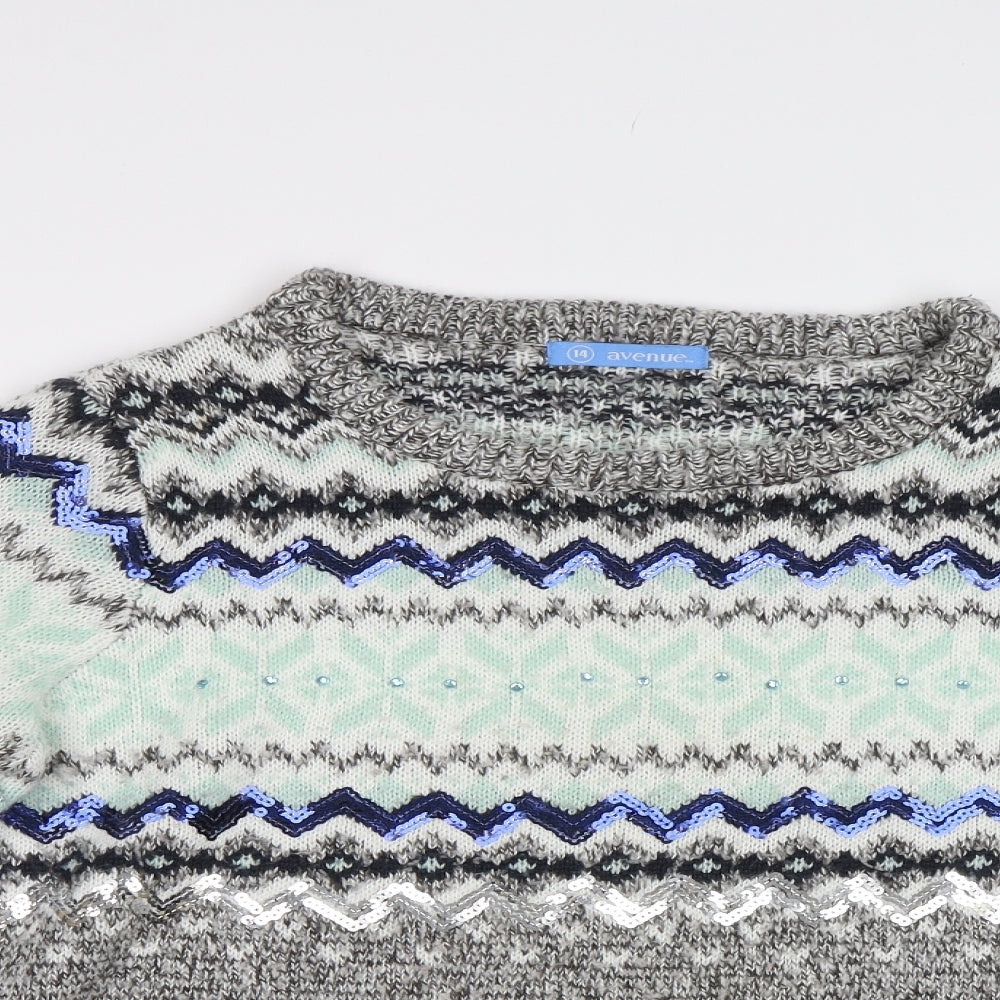 Avenue Womens Grey Fair Isle  Pullover Jumper Size 14  - Sequin detail