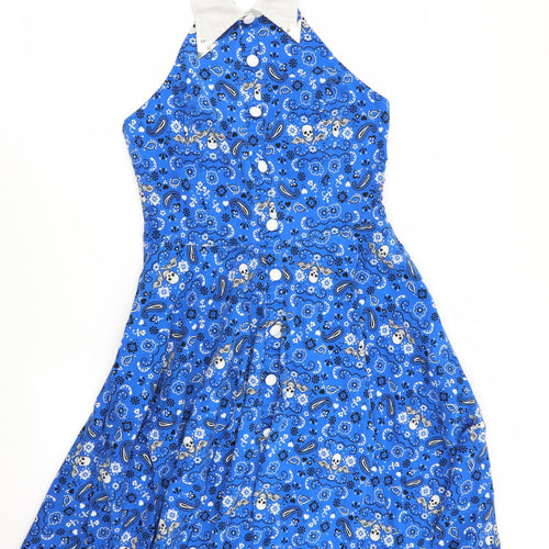 Hell Bunny Vixen Womens Blue Floral  Fit & Flare  Size L  - Skull and floral print - Elasticated back