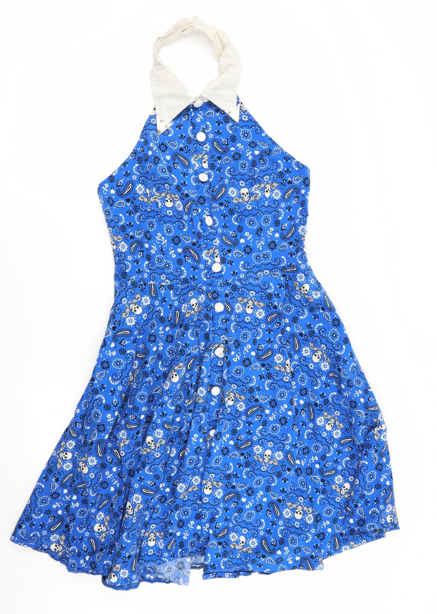 Hell Bunny Vixen Womens Blue Floral  Fit & Flare  Size L  - Skull and floral print - Elasticated back