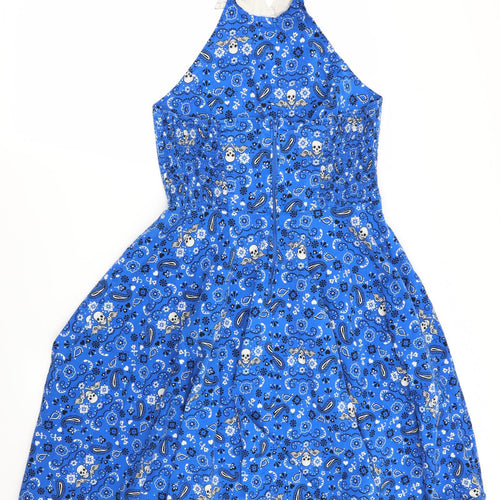 Hell Bunny Vixen Womens Blue Floral  Fit & Flare  Size L  - Skull and floral print - Elasticated back