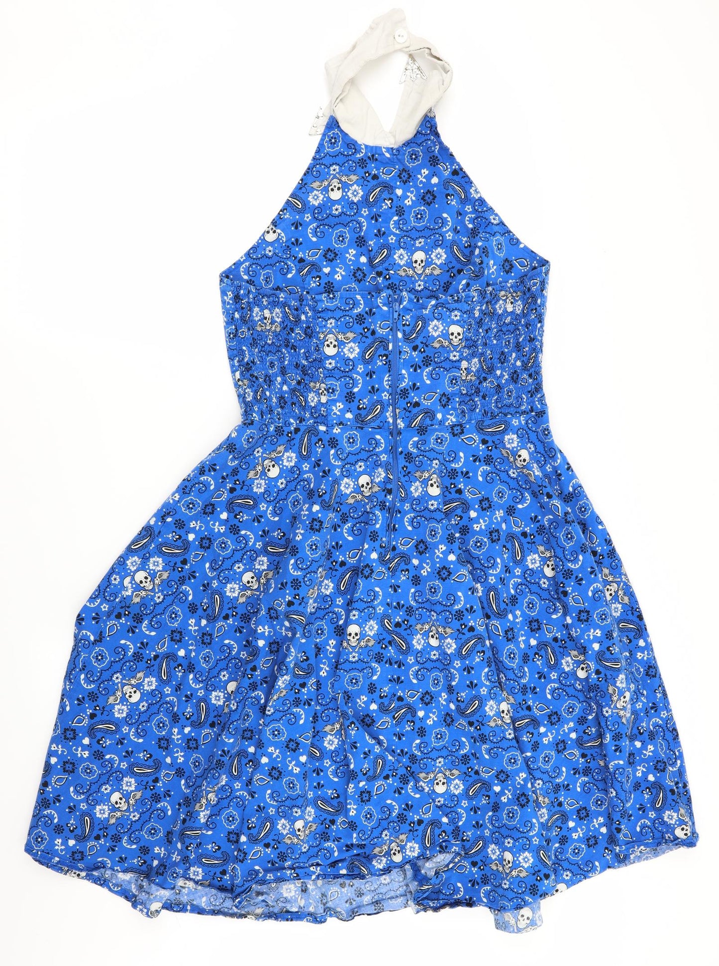 Hell Bunny Vixen Womens Blue Floral  Fit & Flare  Size L  - Skull and floral print - Elasticated back