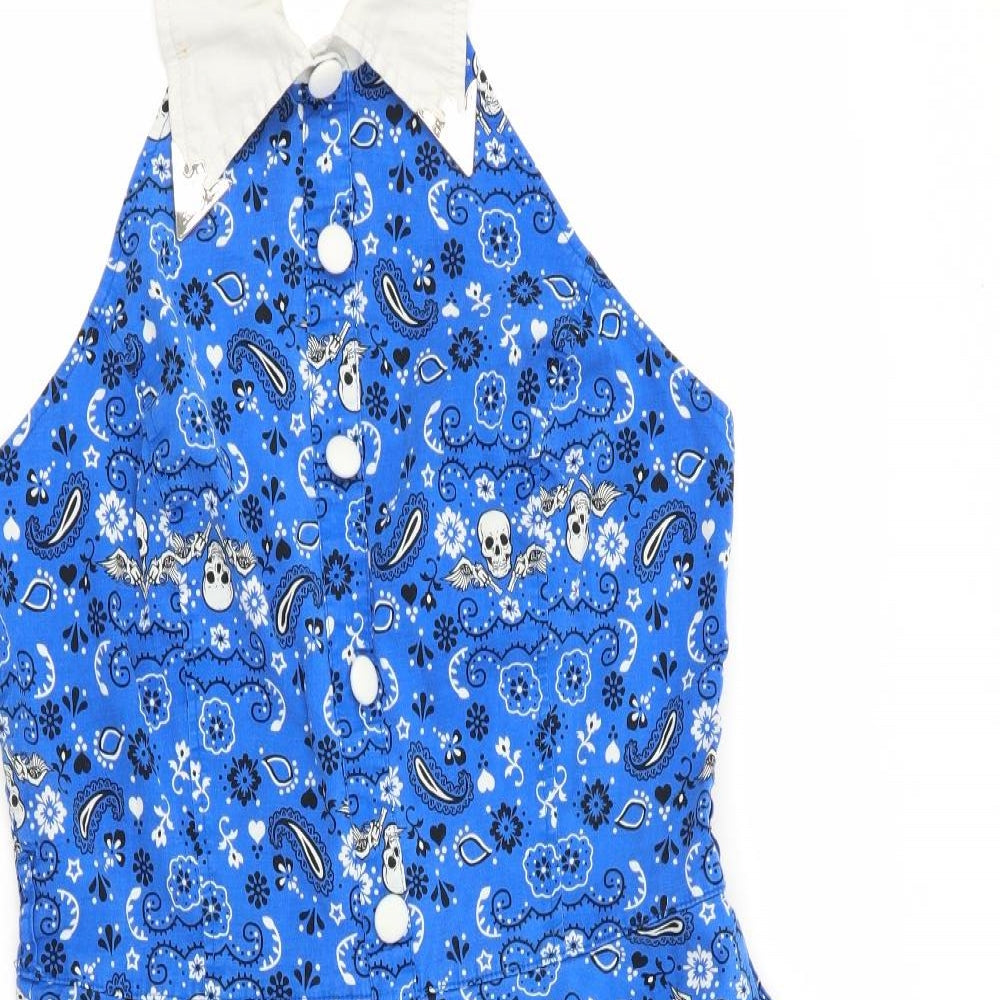 Hell Bunny Vixen Womens Blue Floral  Fit & Flare  Size L  - Skull and floral print - Elasticated back
