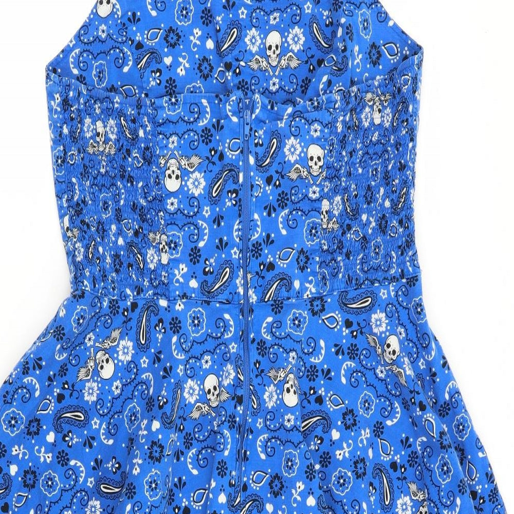 Hell Bunny Vixen Womens Blue Floral  Fit & Flare  Size L  - Skull and floral print - Elasticated back