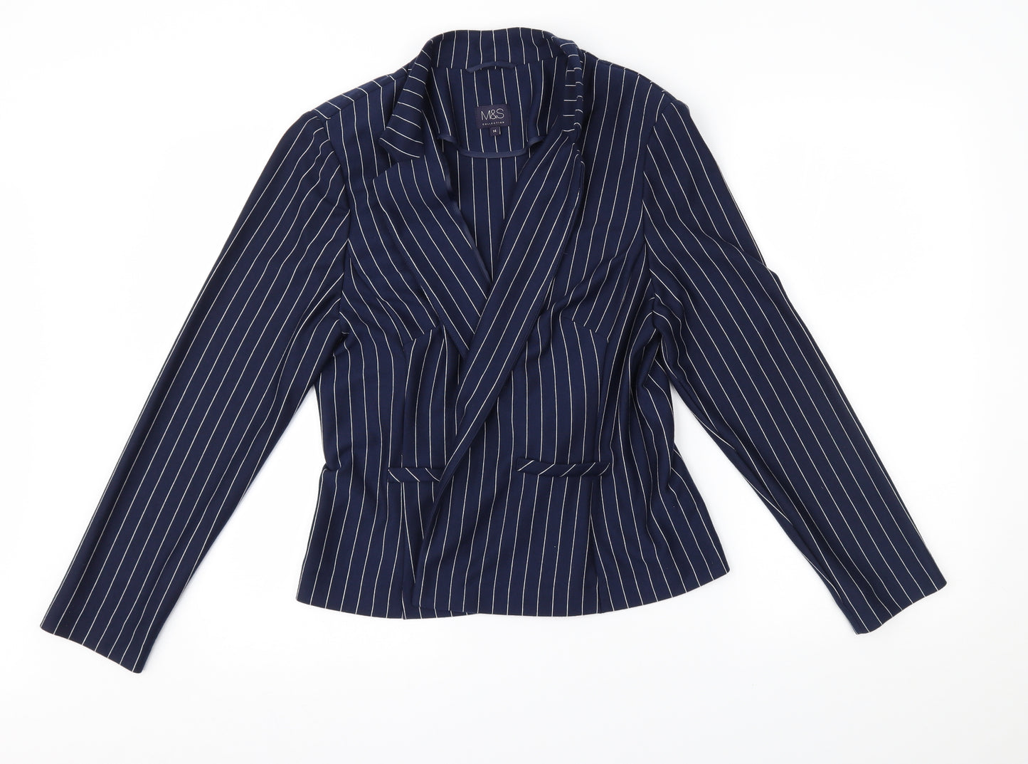 M&S Womens Blue Striped  Jacket Blazer Size 14  -  buttonless